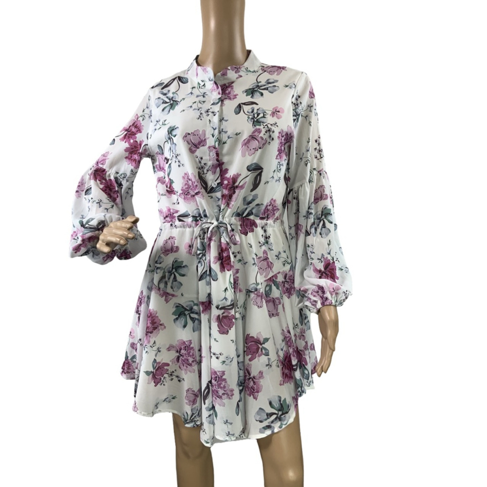 Clarisbelle Women's Floral‎ Print Mini Dress Sz Sm White Purple Boho Cottagecore - Picture 2 of 15